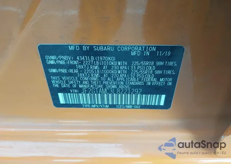 2020 Subaru Crosstrek Limited z USA, uszkodzony, nr VIN JF2GTAMC3L8221292